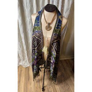 Artsy Aztec Tapestry Long Vest Fringe & Tassels Boho Coastal Cowgirl Hippie  O/S